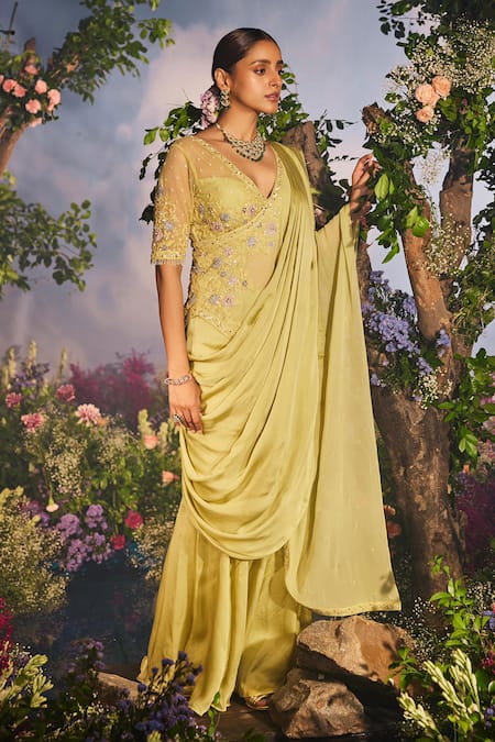 Buy_Miku Kumar_Green Satin, Organza, Net, Anasuya Floral Pre-draped Concept Sharara Saree Set _Online_at_Aza_Fashions