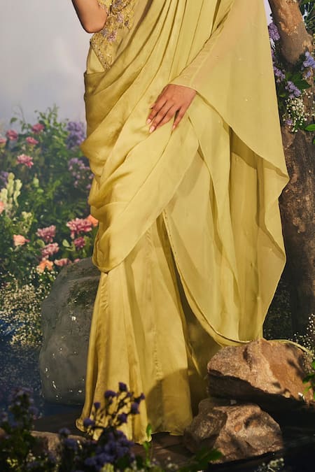 Shop_Miku Kumar_Green Satin, Organza, Net, Anasuya Floral Pre-draped Concept Sharara Saree Set _Online_at_Aza_Fashions