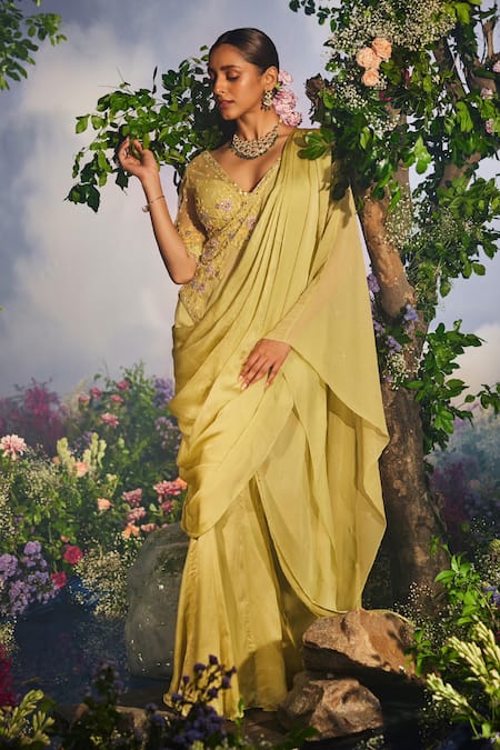 Miku Kumar_Green Satin, Organza, Net, Anasuya Floral Pre-draped Concept Sharara Saree Set _at_Aza_Fashions