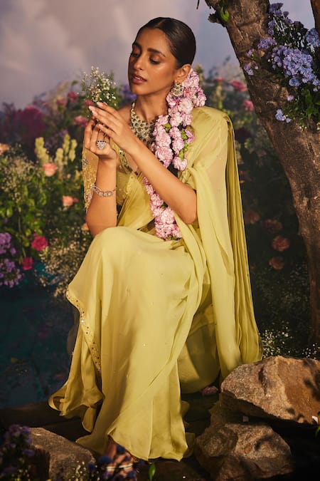Buy_Miku Kumar_Green Satin, Organza, Net, Anasuya Floral Pre-draped Concept Sharara Saree Set 
