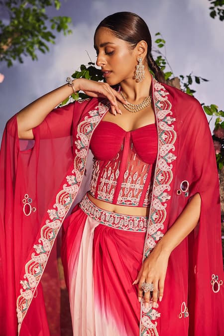 Miku Kumar_Red Net, Satin, Organza Devina Ombre Dhoti Skirt Dori Embroidered Cape Set _Online_at_Aza_Fashions