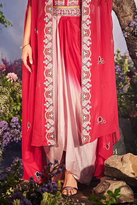 Shop_Miku Kumar_Red Net, Satin, Organza Devina Ombre Dhoti Skirt Dori Embroidered Cape Set _Online_at_Aza_Fashions