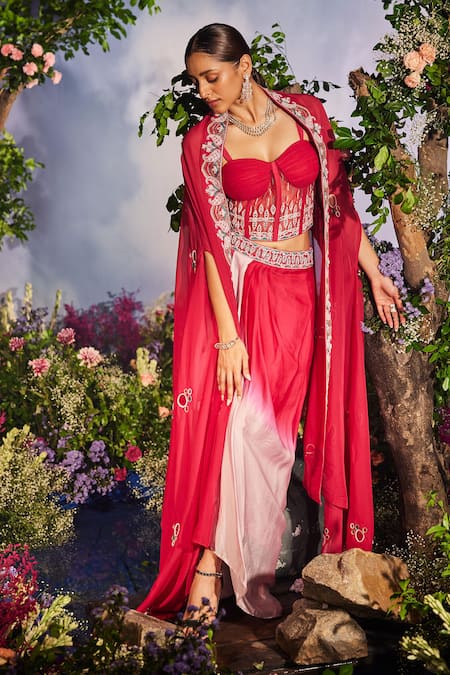 Miku Kumar_Red Net, Satin, Organza Devina Ombre Dhoti Skirt Dori Embroidered Cape Set _at_Aza_Fashions