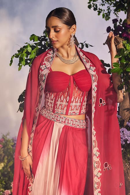 Buy_Miku Kumar_Red Net, Satin, Organza Devina Ombre Dhoti Skirt Dori Embroidered Cape Set 