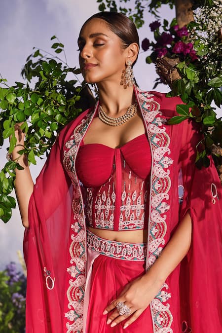 Shop_Miku Kumar_Red Net, Satin, Organza Devina Ombre Dhoti Skirt Dori Embroidered Cape Set 