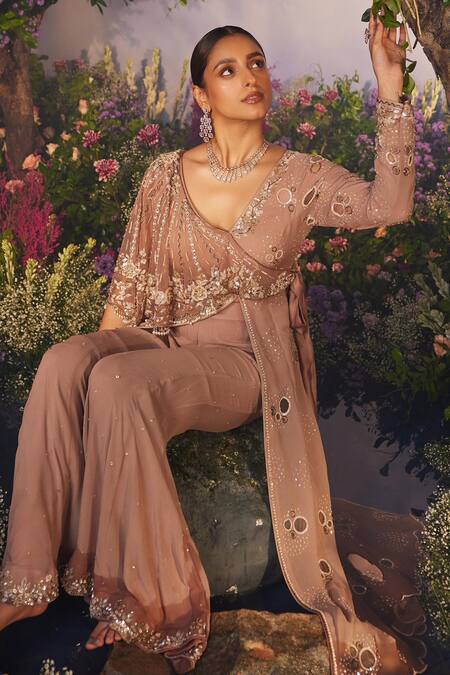 Miku Kumar_Gold Net, Georgette Sequins, Mrignaini Cutwork Jacket Tunic With Retro Sharara _Online_at_Aza_Fashions