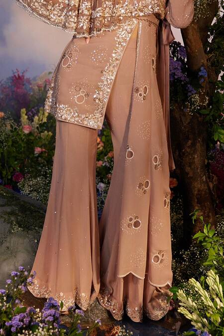 Buy_Miku Kumar_Gold Net, Georgette Sequins, Mrignaini Cutwork Jacket Tunic With Retro Sharara _Online_at_Aza_Fashions