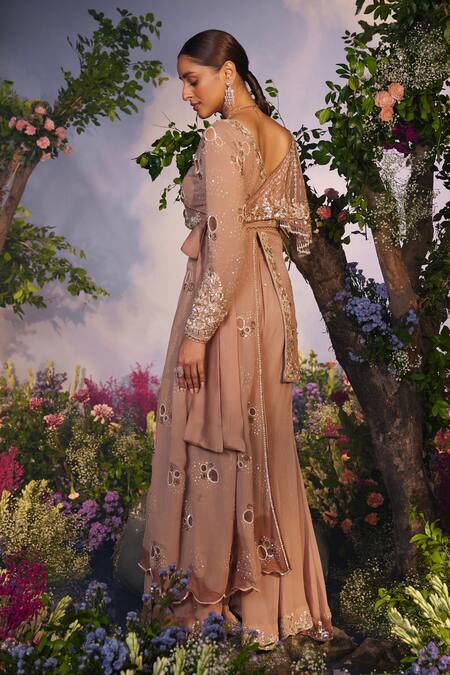 Miku Kumar_Gold Net, Georgette Sequins, Mrignaini Cutwork Jacket Tunic With Retro Sharara _at_Aza_Fashions