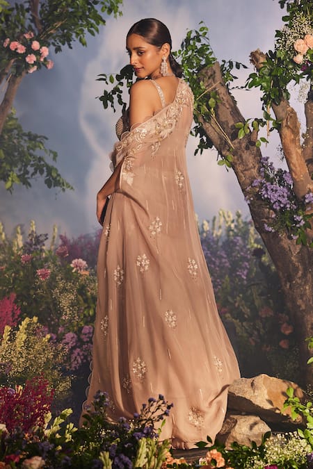 Miku Kumar Gold Embroidered Layered Lehenga Cape Set 