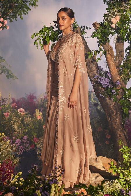 Buy Miku Kumar Gold Net, Satin, Georgette, Modal Sequins, Embroidered Layered Lehenga Cape Set Online at Aza Fashions Buy_Miku Kumar_Gold Net, Satin, Georgette, Modal Sequins, Embroidered Layered Lehenga Cape Set _Online_at_Aza_Fashions