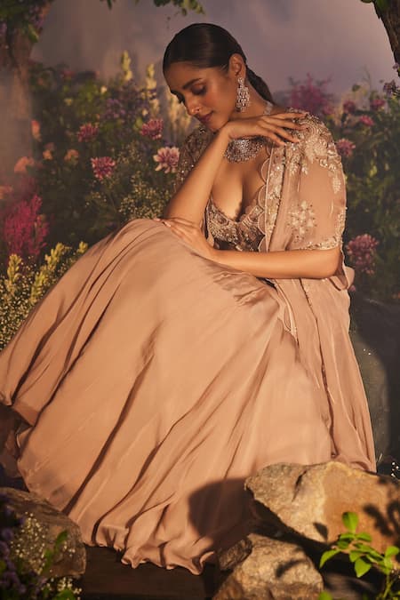 Shop Miku Kumar Gold Net, Satin, Georgette, Modal Sequins, Embroidered Layered Lehenga Cape Set Online at Aza Fashions Shop_Miku Kumar_Gold Net, Satin, Georgette, Modal Sequins, Embroidered Layered Lehenga Cape Set _Online_at_Aza_Fashions