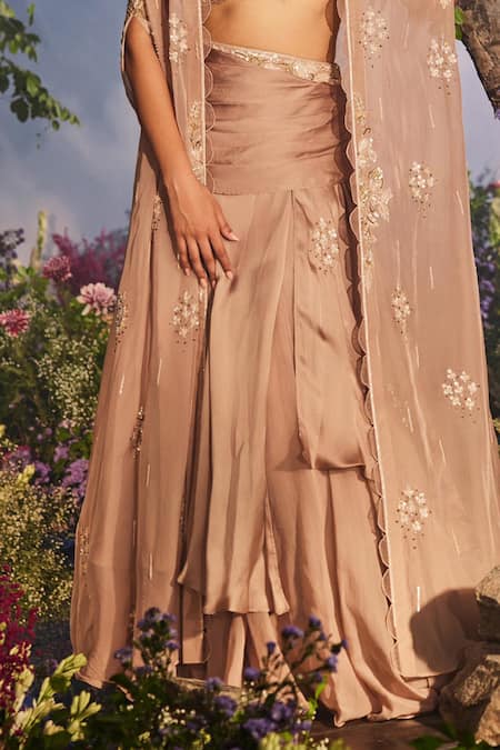 Miku Kumar Gold Net, Satin, Georgette, Modal Sequins, Embroidered Layered Lehenga Cape Set at Aza Fashions Miku Kumar_Gold Net, Satin, Georgette, Modal Sequins, Embroidered Layered Lehenga Cape Set _at_Aza_Fashions