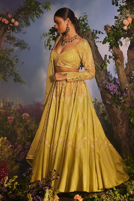 Miku Kumar_Yellow Satin, Georgette, Organza Kyomi Floral Chevron Embroidered Lehenga Set _Online_at_Aza_Fashions