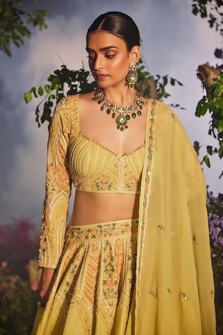 Buy_Miku Kumar_Yellow Satin, Georgette, Organza Kyomi Floral Chevron Embroidered Lehenga Set _Online_at_Aza_Fashions