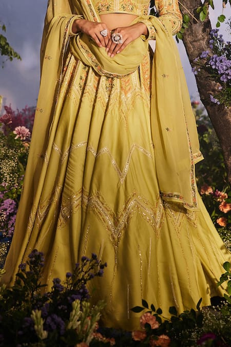 Shop_Miku Kumar_Yellow Satin, Georgette, Organza Kyomi Floral Chevron Embroidered Lehenga Set _Online_at_Aza_Fashions