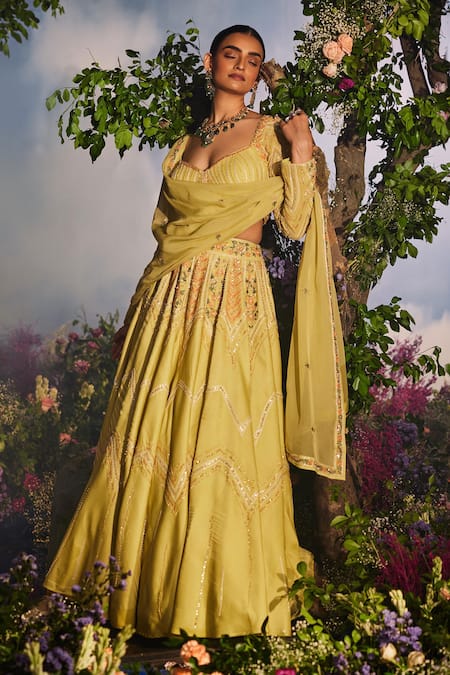 Miku Kumar_Yellow Satin, Georgette, Organza Kyomi Floral Chevron Embroidered Lehenga Set _at_Aza_Fashions