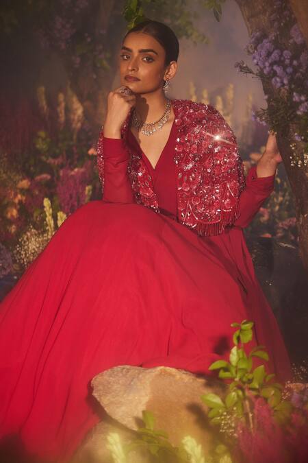 Miku Kumar_Red Net, Georgette Sequins, Cut Work, Floral Cape Draped Anarkali Set _Online_at_Aza_Fashions