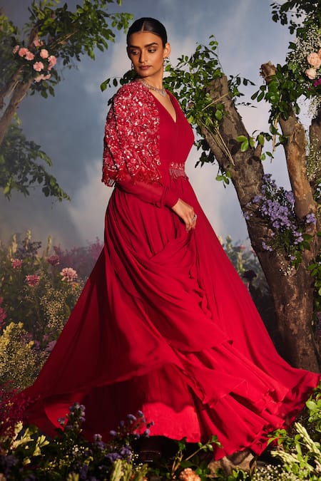 Buy_Miku Kumar_Red Net, Georgette Sequins, Cut Work, Floral Cape Draped Anarkali Set _Online_at_Aza_Fashions