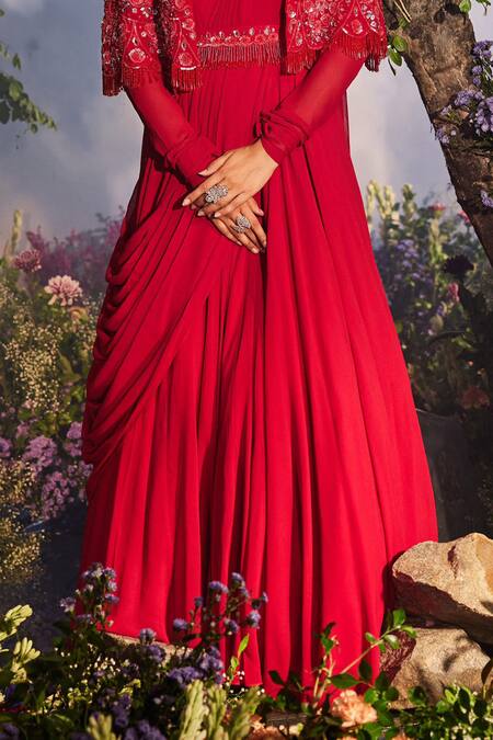 Shop_Miku Kumar_Red Net, Georgette Sequins, Cut Work, Floral Cape Draped Anarkali Set _Online_at_Aza_Fashions
