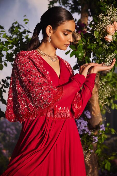 Buy_Miku Kumar_Red Net, Georgette Sequins, Cut Work, Floral Cape Draped Anarkali Set 