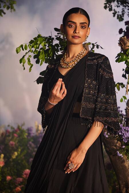Miku Kumar_Black Satin, Organza, Georgette Laya Layered Pre-draped Lehenga Saree Cape Set _Online_at_Aza_Fashions