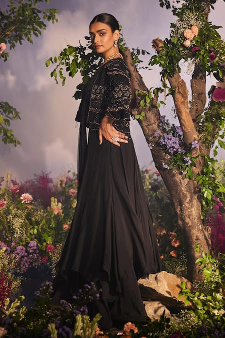 Buy_Miku Kumar_Black Satin, Organza, Georgette Laya Layered Pre-draped Lehenga Saree Cape Set _Online_at_Aza_Fashions