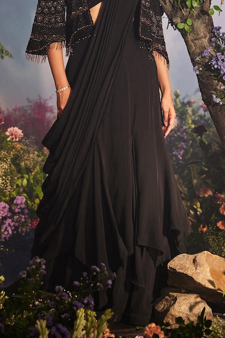 Shop_Miku Kumar_Black Satin, Organza, Georgette Laya Layered Pre-draped Lehenga Saree Cape Set _Online_at_Aza_Fashions