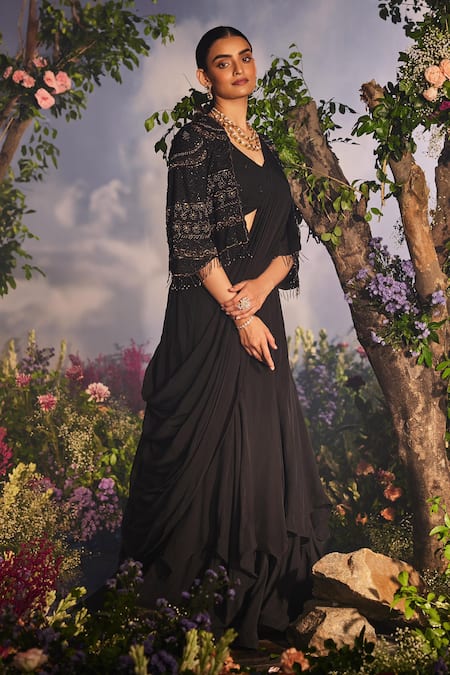 Miku Kumar_Black Satin, Organza, Georgette Laya Layered Pre-draped Lehenga Saree Cape Set _at_Aza_Fashions