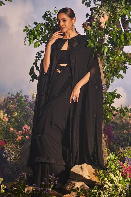 Miku Kumar_Black Organza, Net, Georgette Maya Pleated Ruffle Pre-draped Saree Set _Online_at_Aza_Fashions
