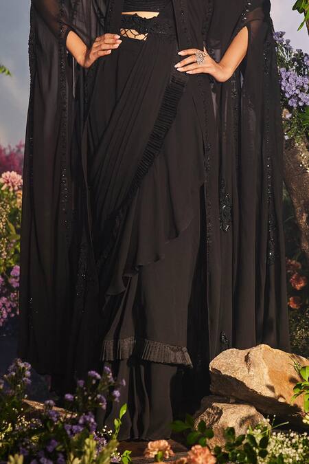 Shop_Miku Kumar_Black Organza, Net, Georgette Maya Pleated Ruffle Pre-draped Saree Set _Online_at_Aza_Fashions