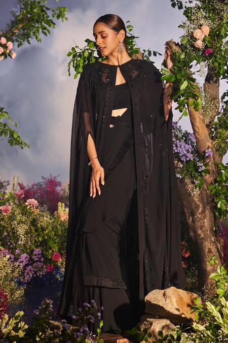 Miku Kumar_Black Organza, Net, Georgette Maya Pleated Ruffle Pre-draped Saree Set _at_Aza_Fashions