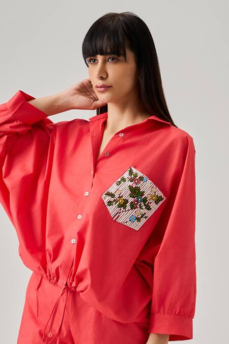 Neetiandmudita Coral Cotton Embroidered Collar Bloom Shirt With Shorts Online at Aza Fashions Neetiandmudita_Coral Cotton Embroidered Collar Bloom Shirt With Shorts _Online_at_Aza_Fashions