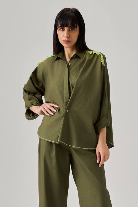 Neetiandmudita_Green Cotton Plain Fringes Collar Cameo Drift Draped Shirt With Pant _Online_at_Aza_Fashions