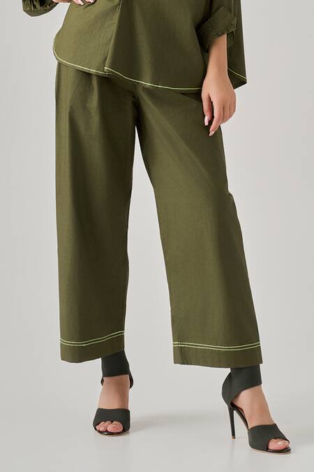 Buy_Neetiandmudita_Green Cotton Plain Fringes Collar Cameo Drift Draped Shirt With Pant _Online_at_Aza_Fashions