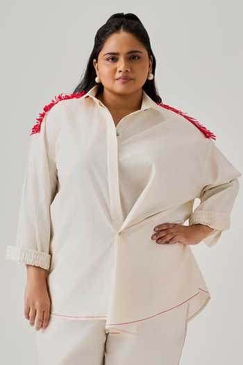 Neetiandmudita Ivory Cotton Plain Fringes Collar Cameo Drift Overlapped Shirt With Pant Online at Aza Fashions Neetiandmudita_Ivory Cotton Plain Fringes Collar Cameo Drift Overlapped Shirt With Pant _Online_at_Aza_Fashions