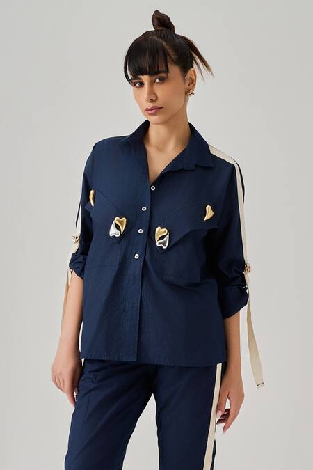 Neetiandmudita_Blue Cotton Embellished Twill Tape Collar Cupid Shirt With Pant _Online_at_Aza_Fashions