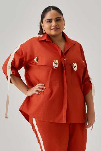 Neetiandmudita Orange Cotton Embellished Twill Tape Collar Cupid Heart Shirt With Pant Online at Aza Fashions Neetiandmudita_Orange Cotton Embellished Twill Tape Collar Cupid Heart Shirt With Pant _Online_at_Aza_Fashions
