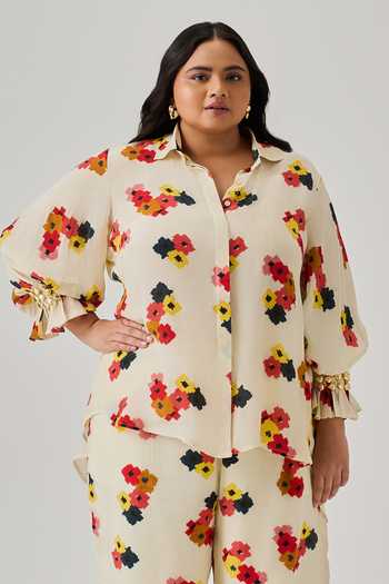 Neetiandmudita Ivory Crepe Stones Collared Dunes Floral Print Shirt With Pant Online at Aza Fashions Neetiandmudita_Ivory Crepe Stones Collared Dunes Floral Print Shirt With Pant _Online_at_Aza_Fashions
