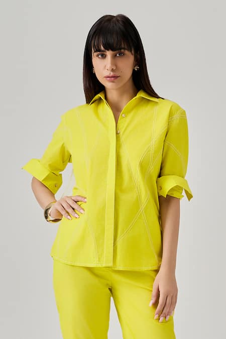 Neetiandmudita Yellow Cotton Embroidered Thread Collar Fridge Shirt With Pant Online at Aza Fashions Neetiandmudita_Yellow Cotton Embroidered Thread Collar Fridge Shirt With Pant _Online_at_Aza_Fashions