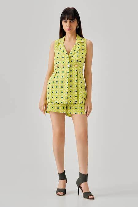 Neetiandmudita Multi Color Crepe Collared Graphic Duo Peplum Waistcoat With Shorts