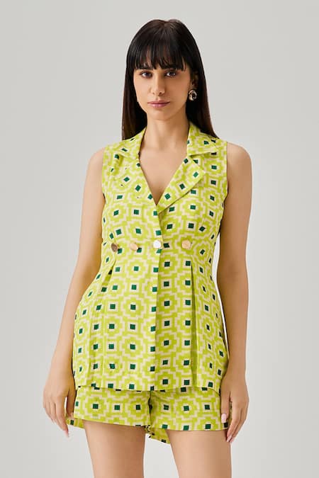 Neetiandmudita_Multi Color Crepe Collared Graphic Duo Peplum Waistcoat With Shorts _Online_at_Aza_Fashions
