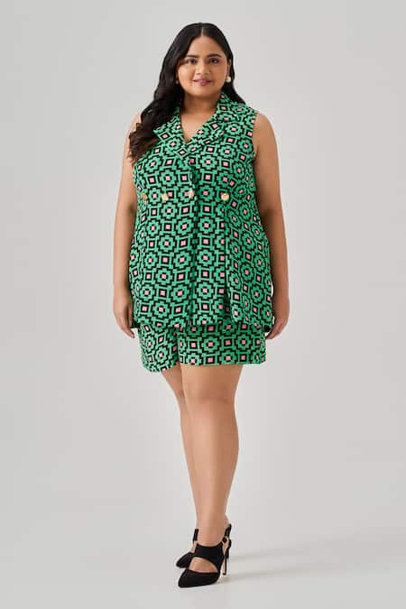 Neetiandmudita Multi Color Crepe Collared Graphic Duo Peplum Waistcoat With Shorts 
