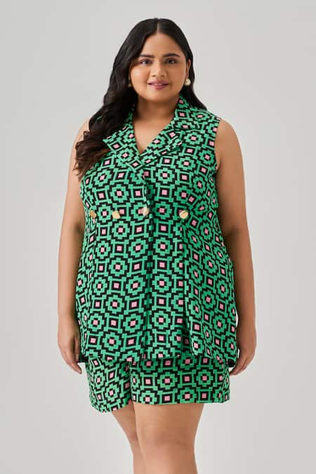 Neetiandmudita_Multi Color Crepe Collared Graphic Duo Peplum Waistcoat With Shorts _Online_at_Aza_Fashions