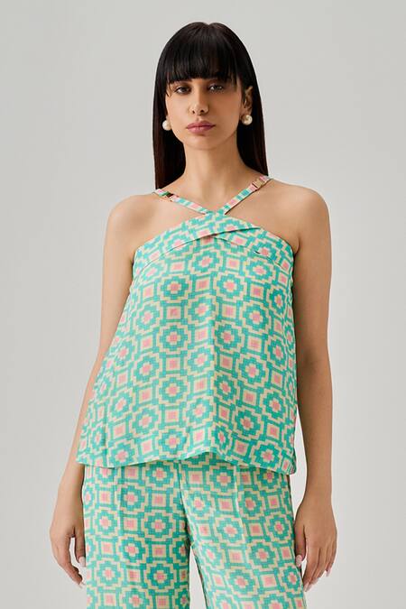 Neetiandmudita_Multi Color Crepe Halter Neck Lagoon Pixel Print Top With Pant _Online_at_Aza_Fashions