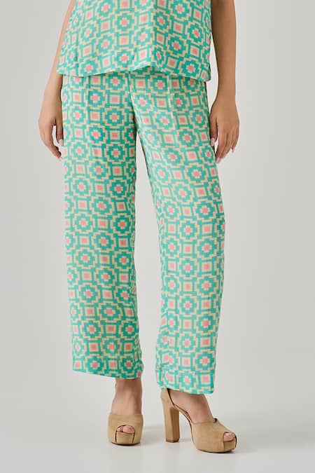 Buy_Neetiandmudita_Multi Color Crepe Halter Neck Lagoon Pixel Print Top With Pant _Online_at_Aza_Fashions