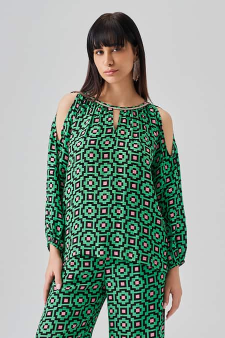 Neetiandmudita_Multi Color Crepe Round Neck Peek-a-boo Pixel Print Top With Pant _Online_at_Aza_Fashions