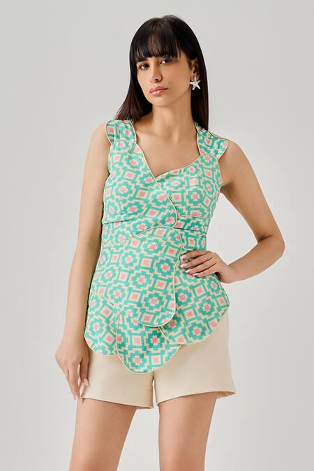 Neetiandmudita_Multi Color Crepe Petal Draped Top With Shorts _Online_at_Aza_Fashions