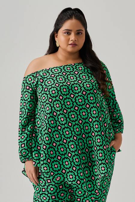 Neetiandmudita_Multi Color Crepe Off-shoulder Pixel Edge Print Top With Pant _Online_at_Aza_Fashions