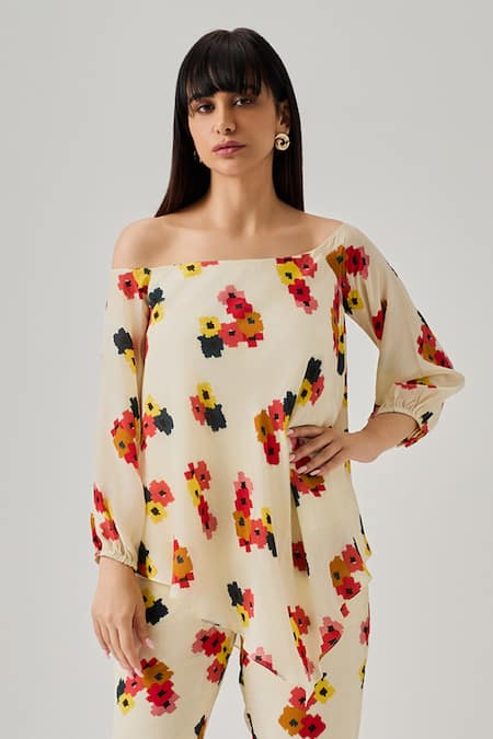 Neetiandmudita_Ivory Crepe Off-shoulder Pixel Edge Floral Print Top With Pant _Online_at_Aza_Fashions