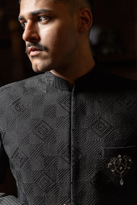 Philocaly_Black Cotton, Silk Cut Work Firoz Textured Embroidered Bandhgala _Online_at_Aza_Fashions